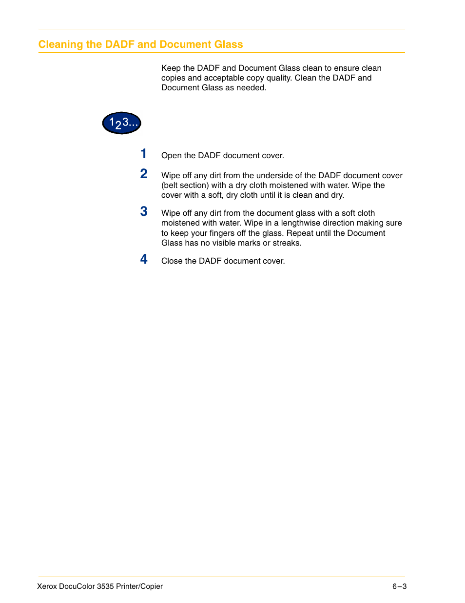 Cleaning the dadf and document glass, Cleaning the dadf and document glass 6–3 | Xerox 3535 User Manual | Page 219 / 268