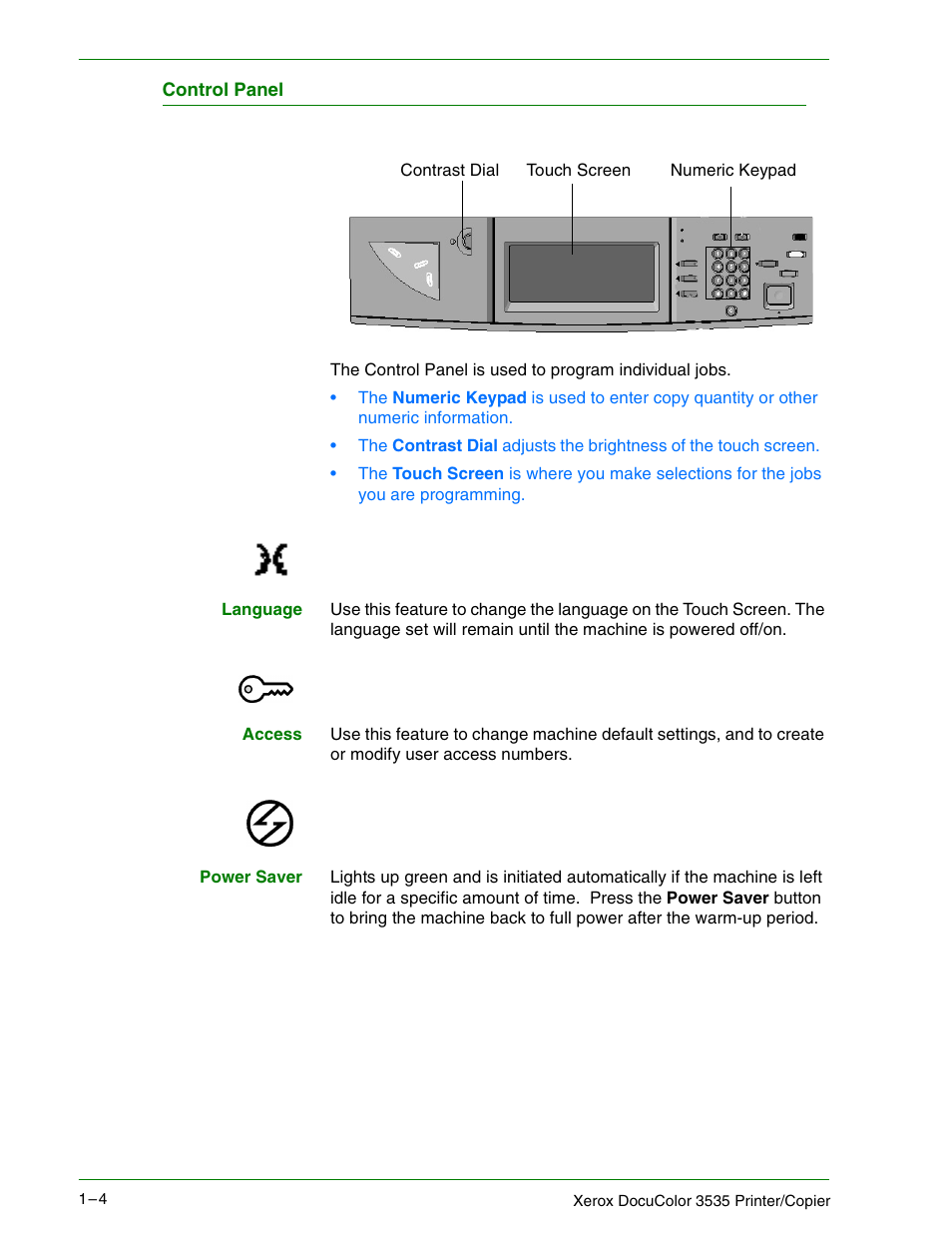Control panel, Control panel 1–4 | Xerox 3535 User Manual | Page 22 / 268
