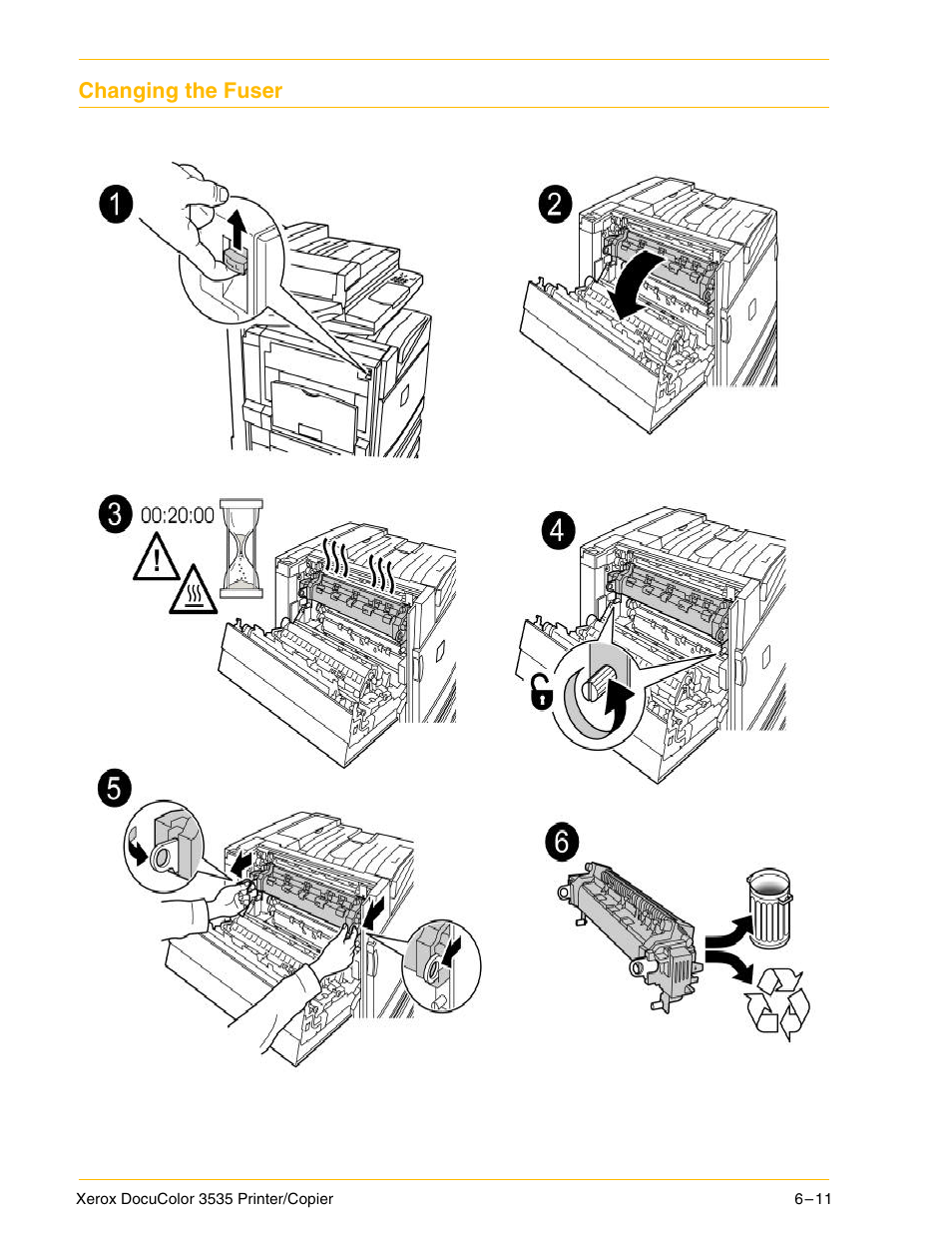 Changing the fuser, Changing the fuser 6–11 | Xerox 3535 User Manual | Page 227 / 268