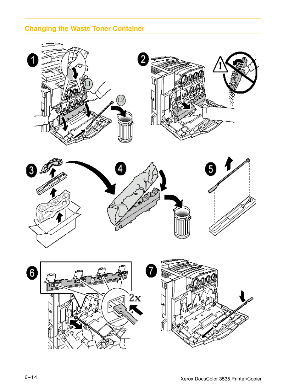 Changing the waste toner container, Changing the waste toner container 6–14 | Xerox 3535 User Manual | Page 230 / 268