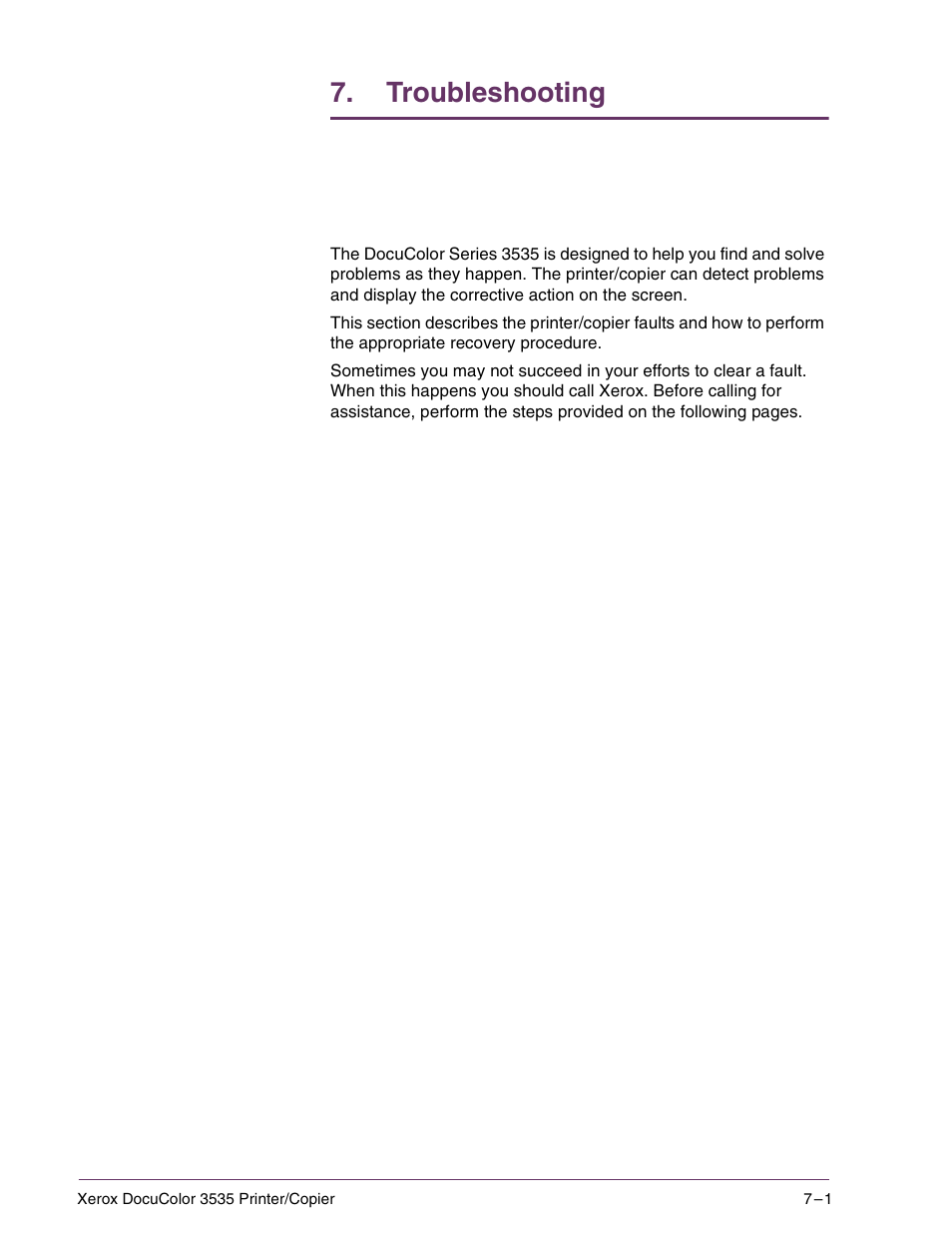 Troubleshooting 7–1, Troubleshooting | Xerox 3535 User Manual | Page 235 / 268