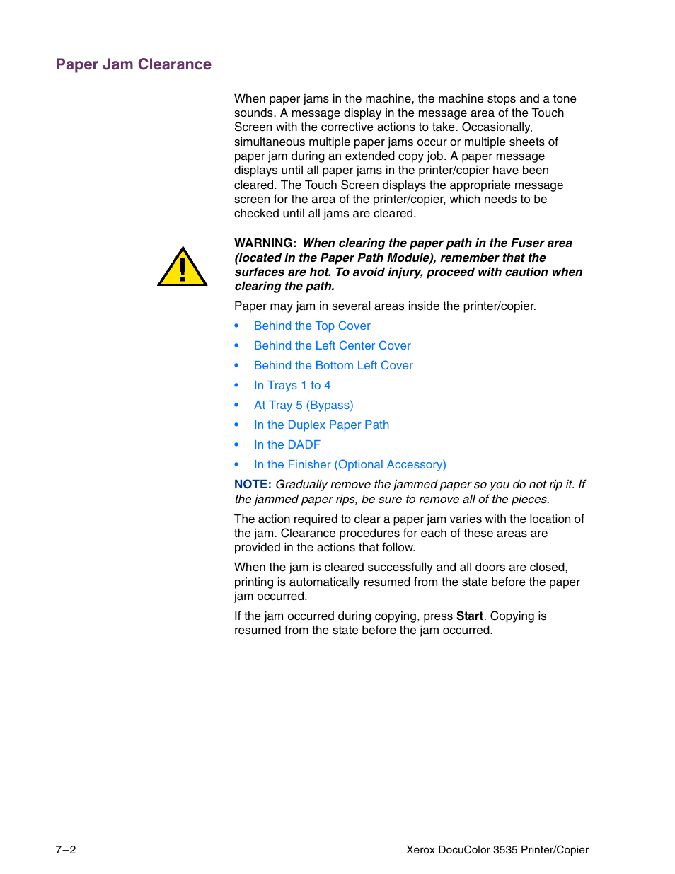 Paper jam clearance, Paper jam clearance 7–2 | Xerox 3535 User Manual | Page 236 / 268