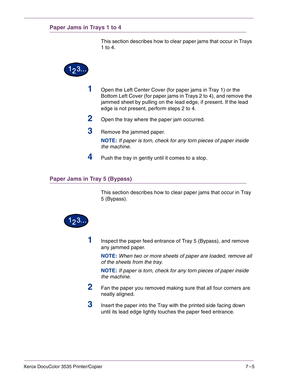 Paper jams in trays 1 to 4, Paper jams in tray 5 (bypass), Paper jams in trays 1 to 4 7–5 | Paper jams in tray 5 (bypass) 7–5 | Xerox 3535 User Manual | Page 239 / 268