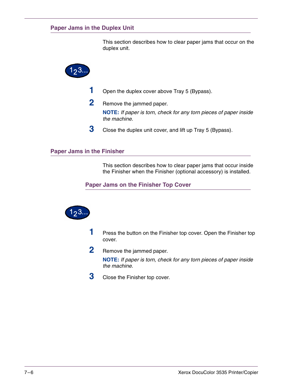 Paper jams in the duplex unit, Paper jams in the finisher, Paper jams on the finisher top cover | Paper jams in the duplex unit 7–6, Paper jams in the finisher 7–6 | Xerox 3535 User Manual | Page 240 / 268