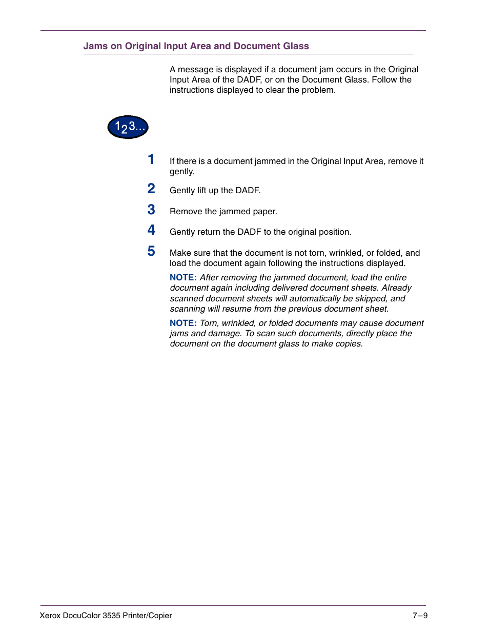 Jams on original input area and document glass, Jams on original input area and document glass 7–9 | Xerox 3535 User Manual | Page 243 / 268