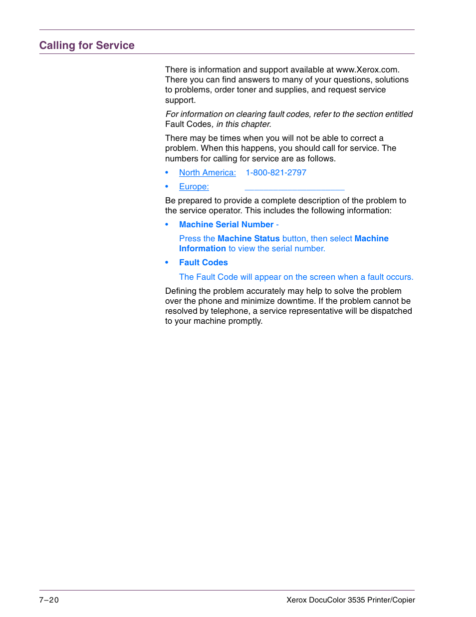 Calling for service, Calling for service 7–20 | Xerox 3535 User Manual | Page 254 / 268