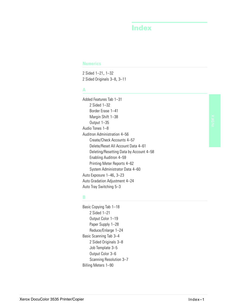Index | Xerox 3535 User Manual | Page 259 / 268
