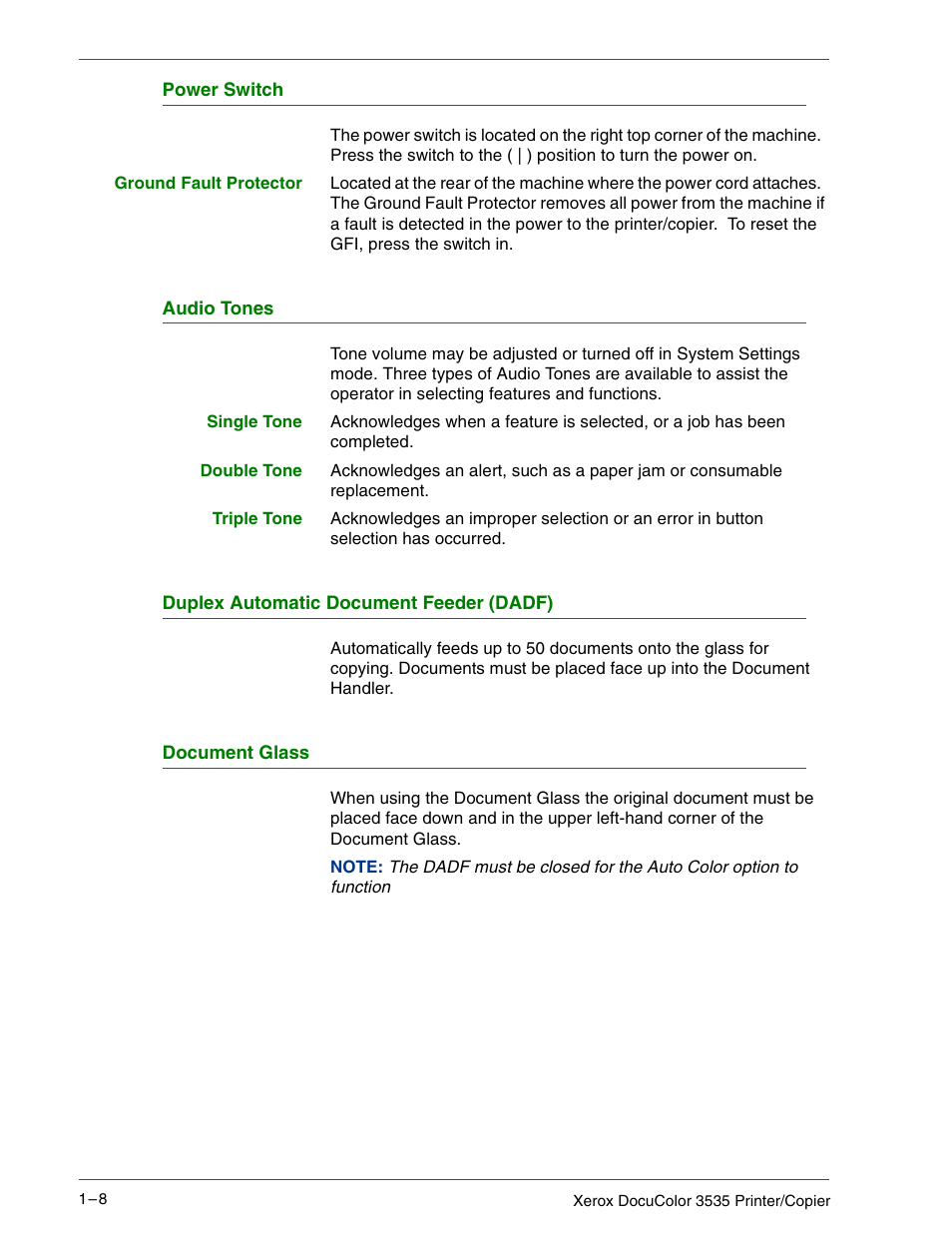 Power switch, Audio tones, Duplex automatic document feeder (dadf) | Document glass, Power switch 1–8, Audio tones 1–8, Duplex automatic document feeder (dadf) 1–8, Document glass 1–8 | Xerox 3535 User Manual | Page 26 / 268