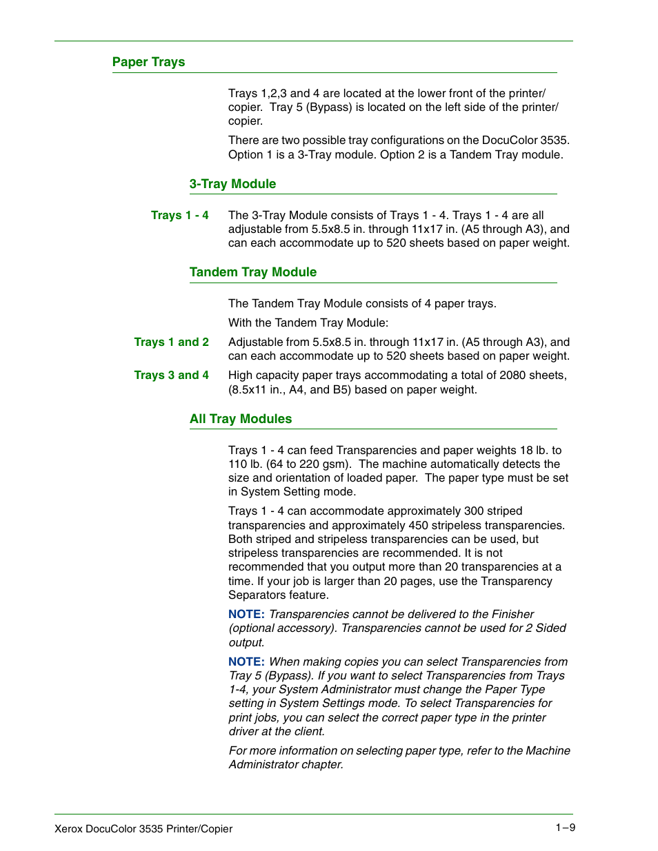 Paper trays, Tray module, Tandem tray module | All tray modules, Paper trays 1–9 | Xerox 3535 User Manual | Page 27 / 268