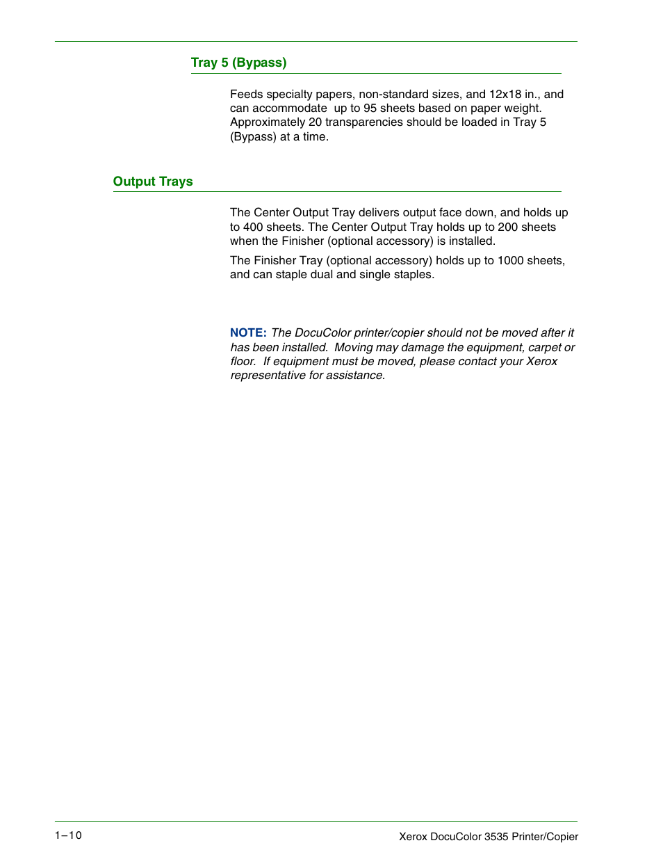 Tray 5 (bypass), Output trays, Output trays 1–10 | Xerox 3535 User Manual | Page 28 / 268