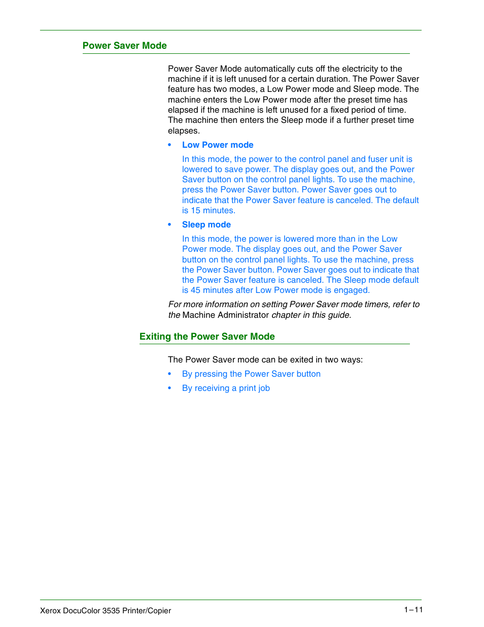 Power saver mode, Exiting the power saver mode, Power saver mode 1–11 | Xerox 3535 User Manual | Page 29 / 268