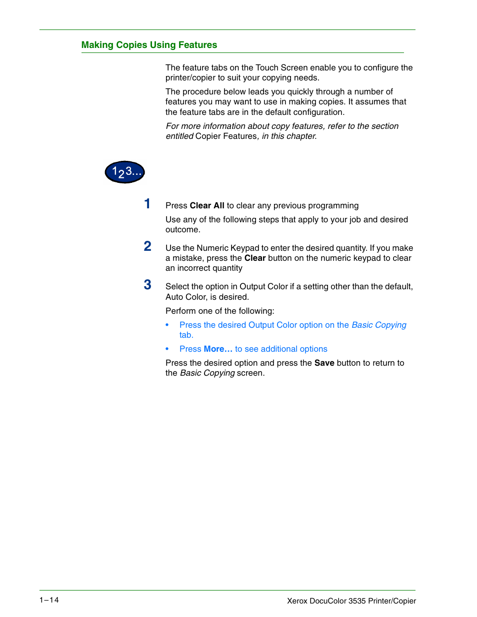 Making copies using features, Making copies using features 1–14 | Xerox 3535 User Manual | Page 32 / 268