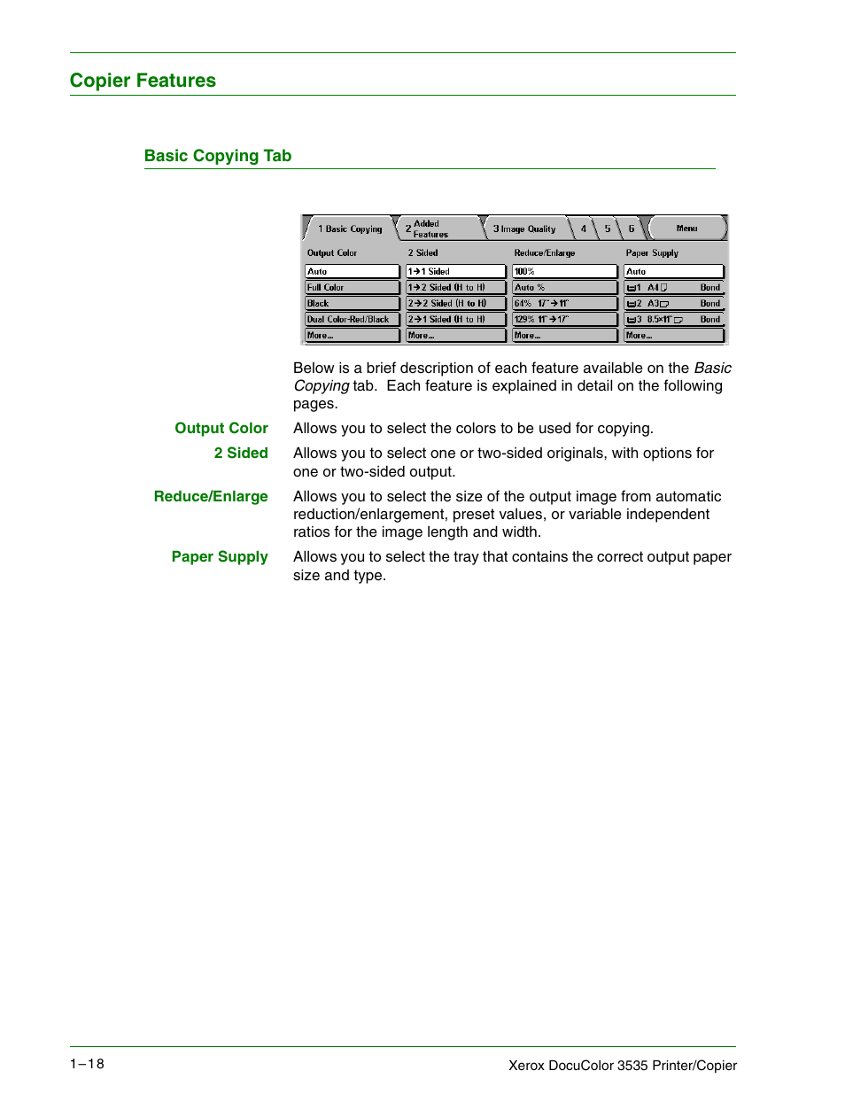 Copier features, Basic copying tab, Copier features 1–18 | Basic copying tab 1–18 | Xerox 3535 User Manual | Page 36 / 268