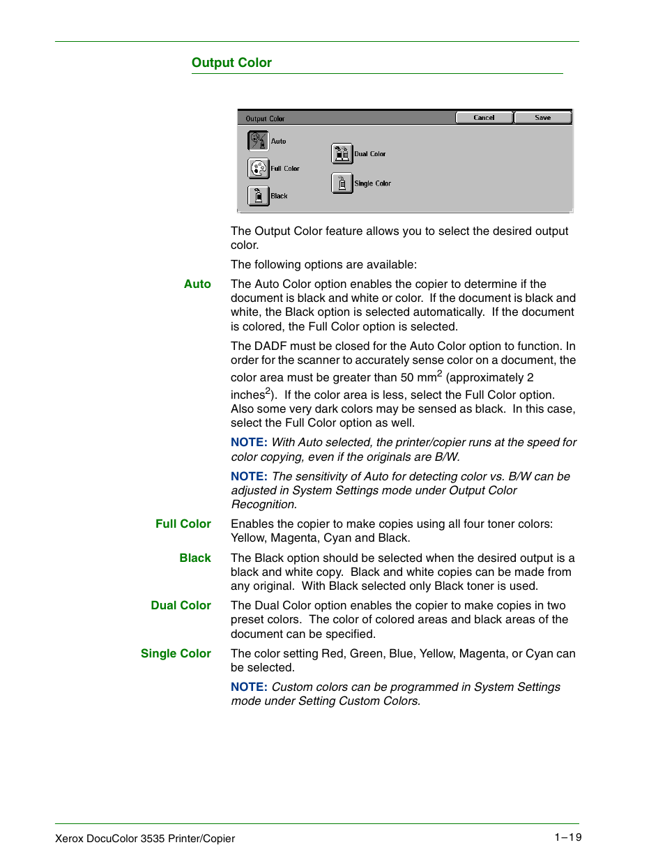 Output color | Xerox 3535 User Manual | Page 37 / 268