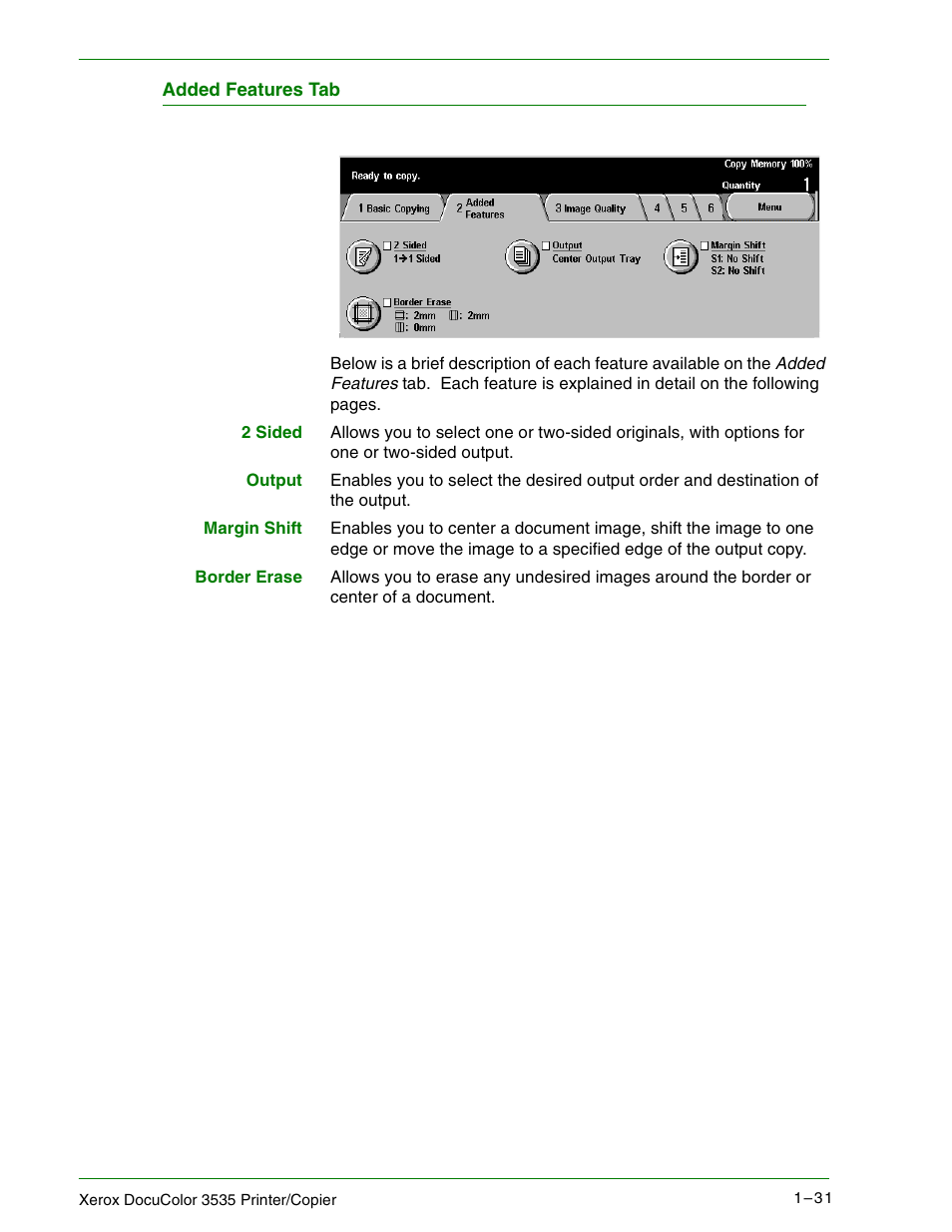 Added features tab, Added features tab 1–31 | Xerox 3535 User Manual | Page 49 / 268