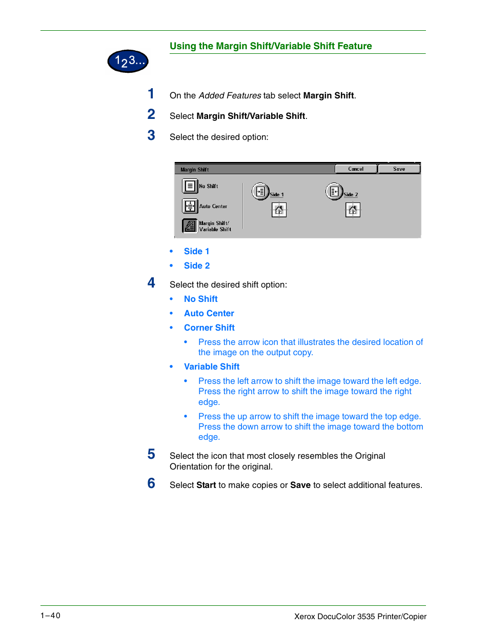 Using the margin shift/variable shift feature | Xerox 3535 User Manual | Page 58 / 268