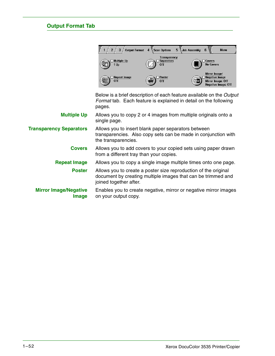 Output format tab, Output format tab 1–52 | Xerox 3535 User Manual | Page 70 / 268