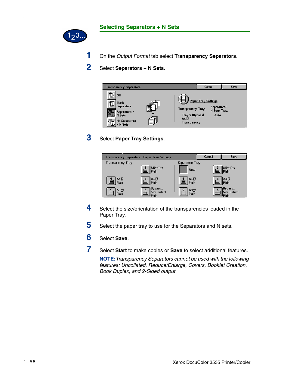 Selecting separators + n sets | Xerox 3535 User Manual | Page 76 / 268