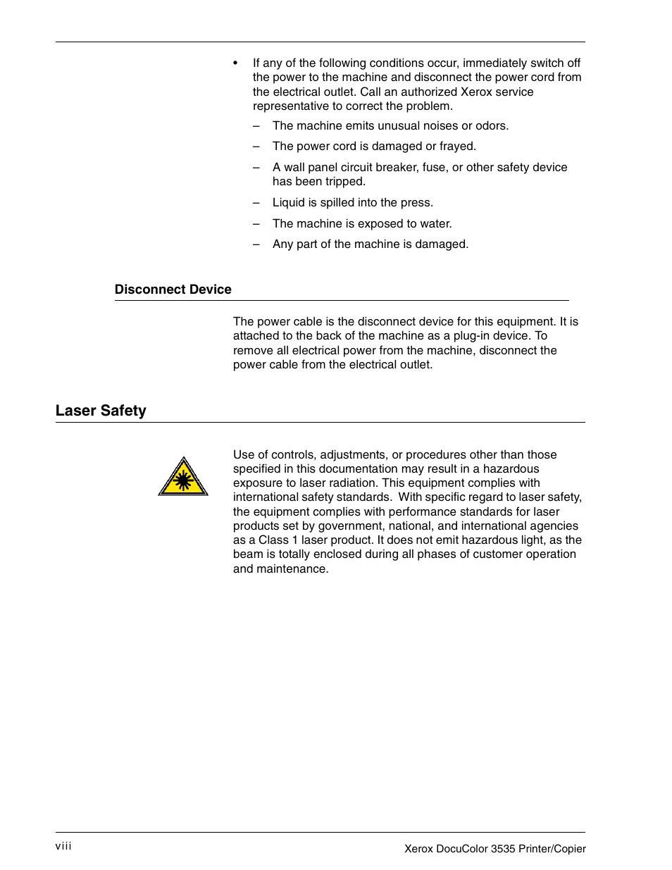 Disconnect device, Laser safety, Disconnect device viii | Laser safety viii | Xerox 3535 User Manual | Page 8 / 268