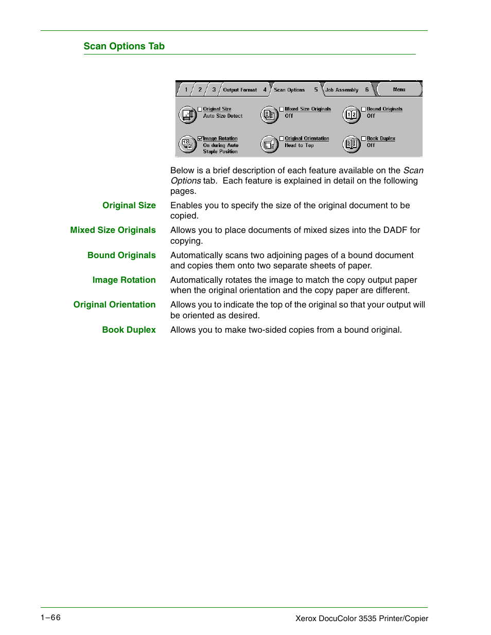 Scan options tab, Scan options tab 1–66 | Xerox 3535 User Manual | Page 84 / 268