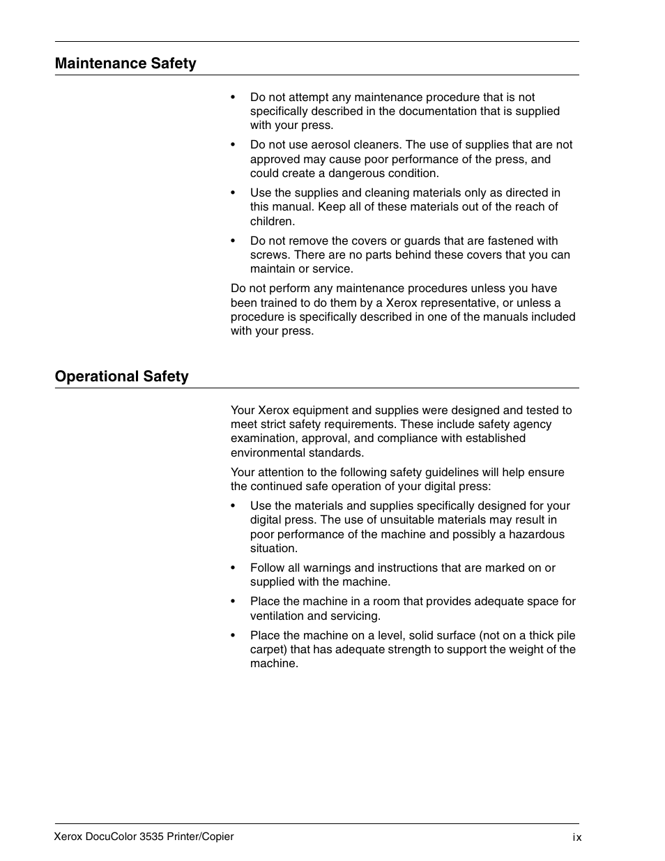 Maintenance safety, Operational safety, Maintenance safety ix | Operational safety ix | Xerox 3535 User Manual | Page 9 / 268