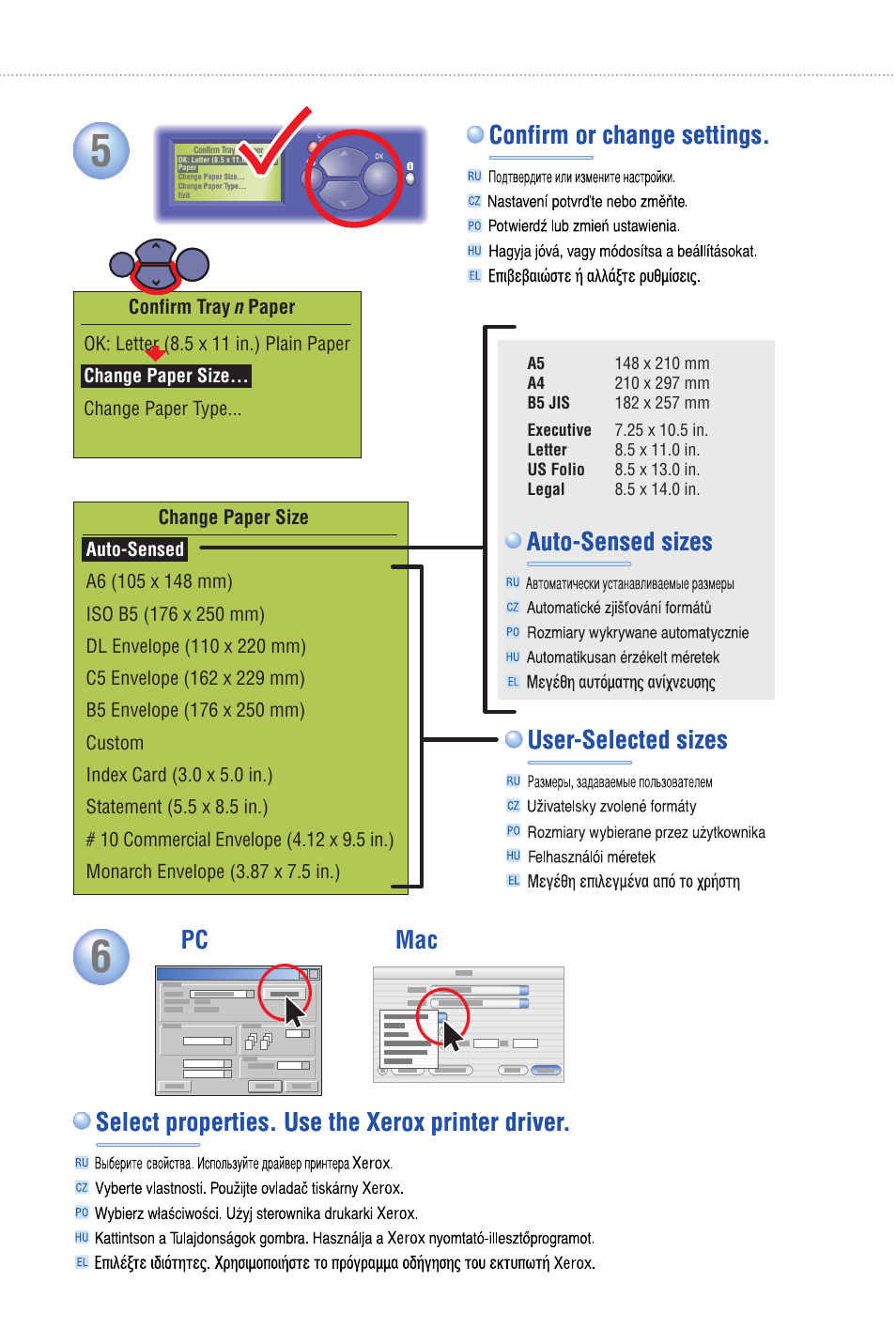 Auto-sensed sizes, User-selected sizes, User-selected sizes mac pc | Confirm or change settings | Xerox Phaser laser printer 4500 User Manual | Page 4 / 10