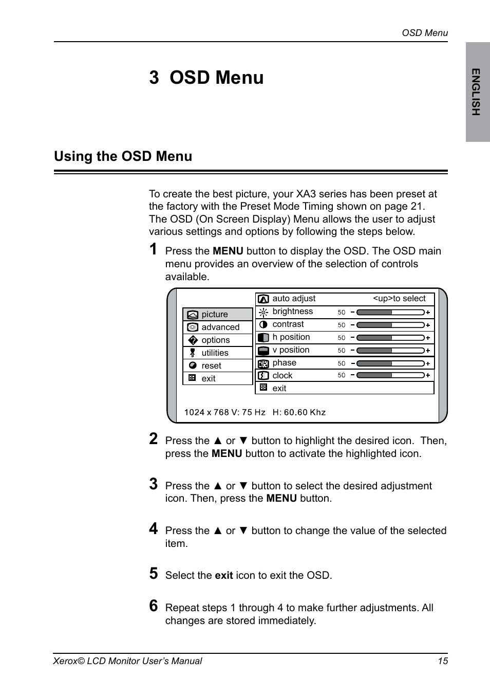 3 osd menu, Using the osd menu | Xerox XA3 Series User Manual | Page 16 / 27