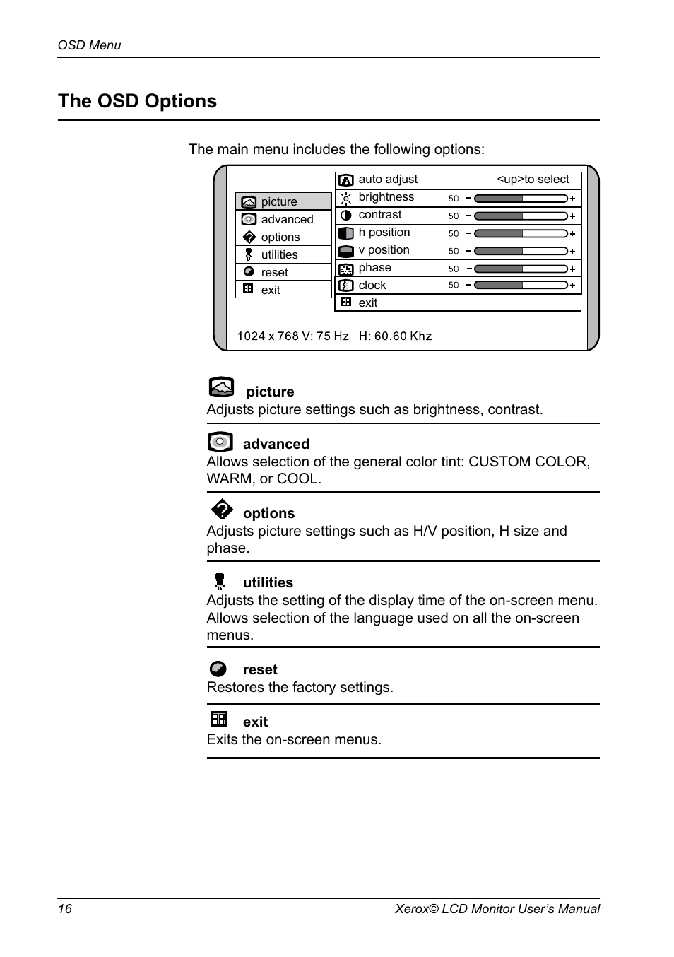 The osd options | Xerox XA3 Series User Manual | Page 17 / 27