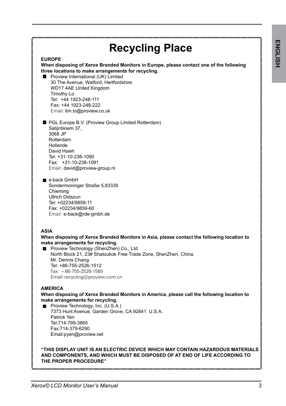 Recycling place, English | Xerox XA3 Series User Manual | Page 4 / 27