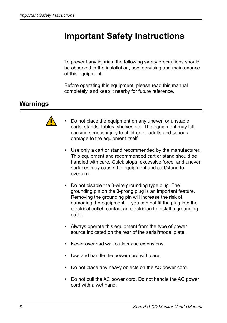 Important safety instructions, Warnings | Xerox XA3 Series User Manual | Page 7 / 27