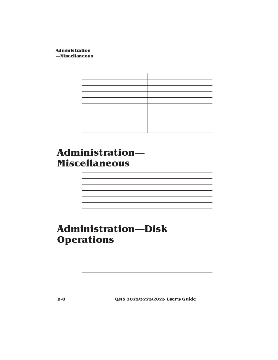 Administration—miscellaneous, Administration—disk operations | Xerox 2025 User Manual | Page 188 / 222