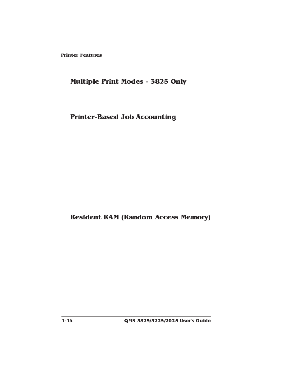 Multiple print modes - 3825 only, Printer-based job accounting, Resident ram (random access memory) | Xerox 2025 User Manual | Page 24 / 222