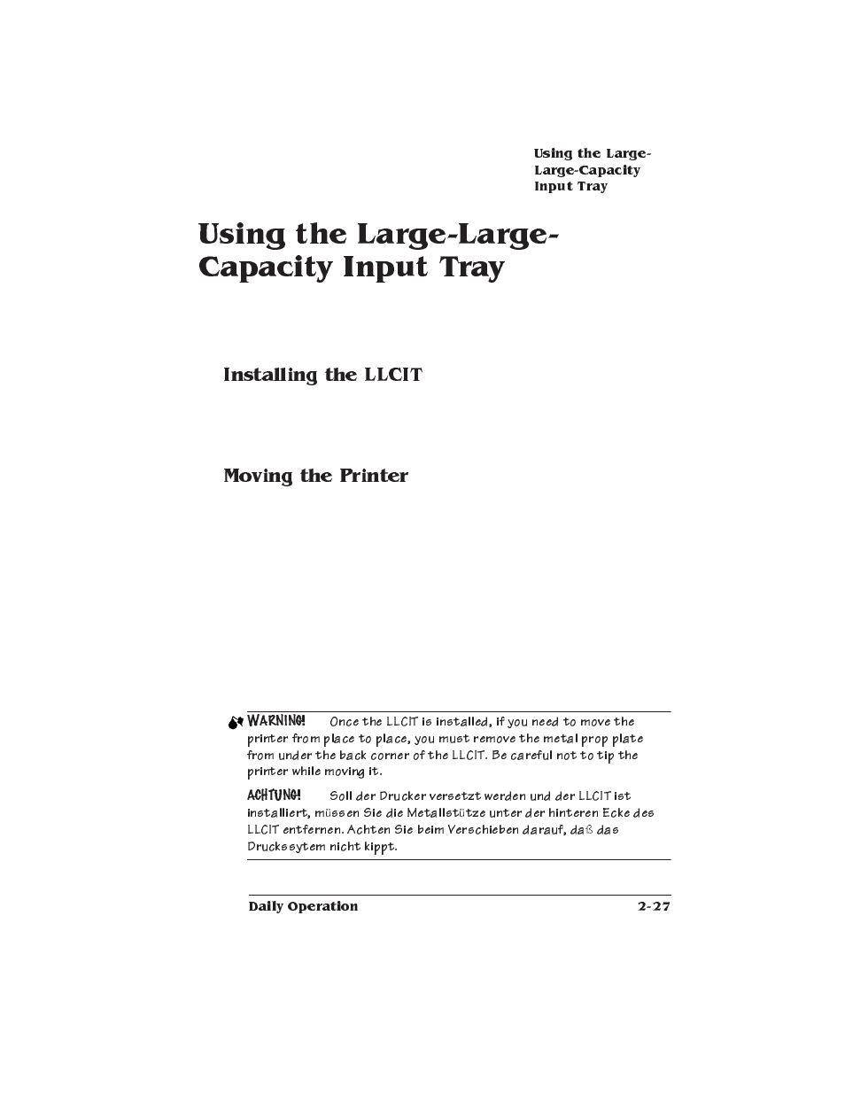Using the large-large-capacity input tray, Installing the llcit, Moving the printer | Using the large-large- capacity input tray | Xerox 2025 User Manual | Page 55 / 222
