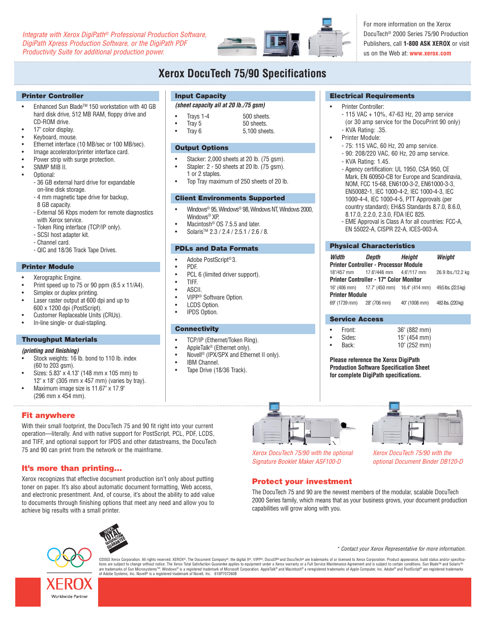 Xerox docutech 75/90 specifications, Tot al, Fit anywhere | It’s more than printing, Protect your investment | Xerox 2000 User Manual | Page 2 / 2