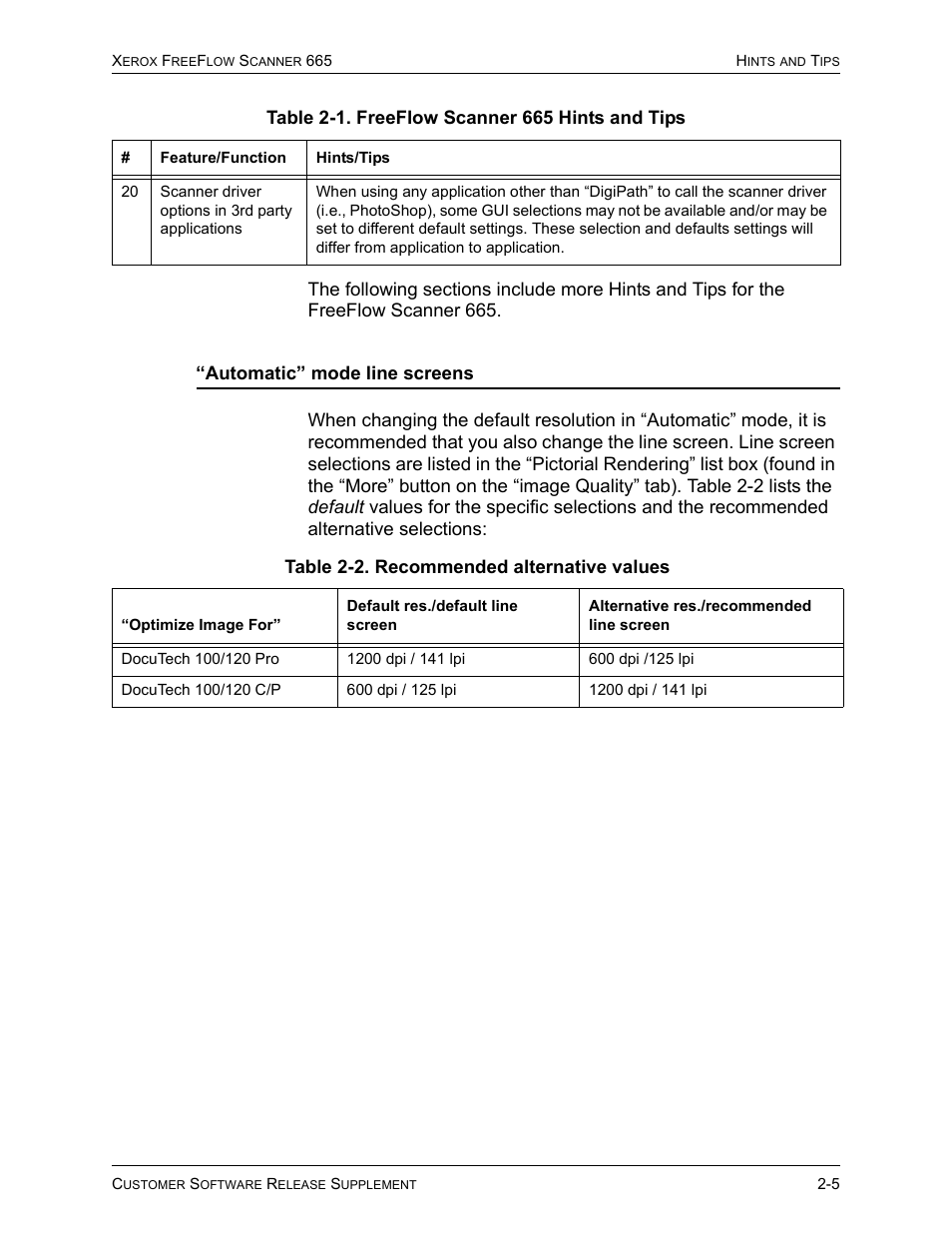 Automatic” mode line screens, Table 2-2. recommended alternative values | Xerox 701P41834 User Manual | Page 11 / 14