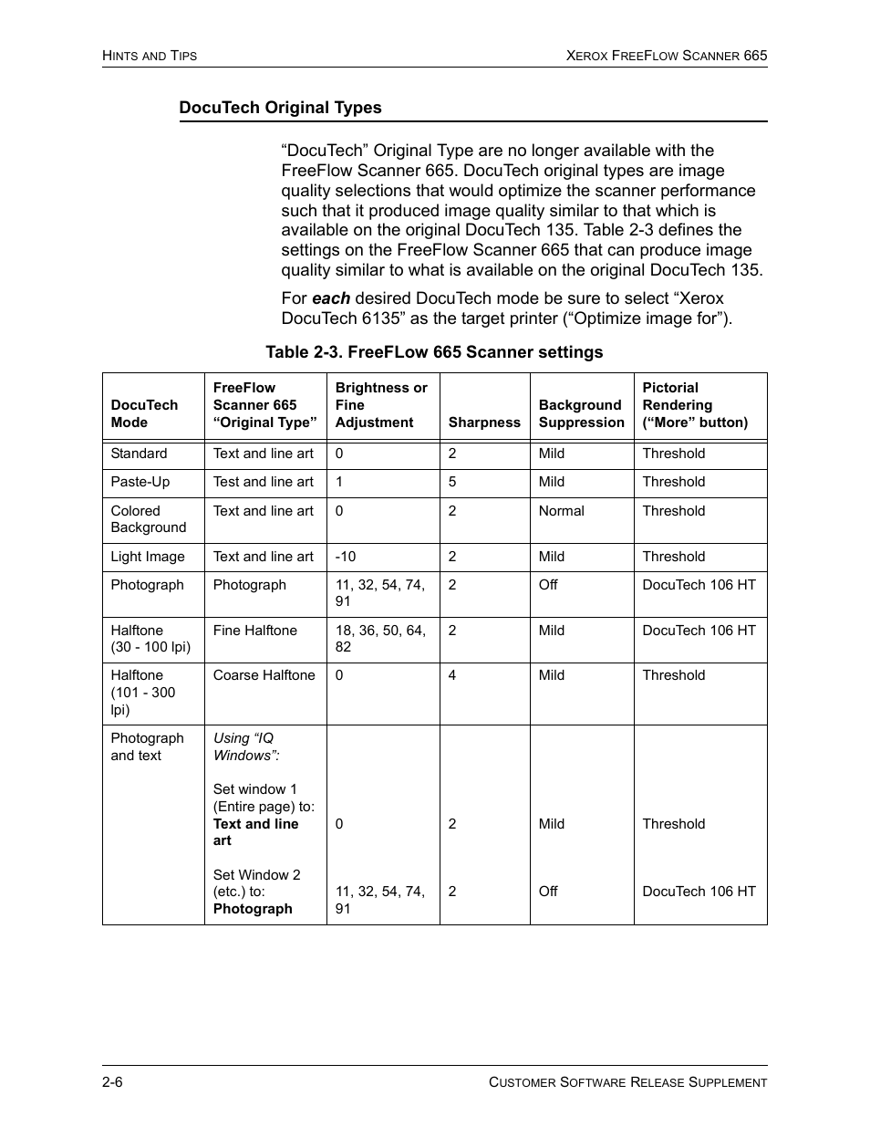 Docutech original types, Table 2-3. freeflow 665 scanner settings | Xerox 701P41834 User Manual | Page 12 / 14