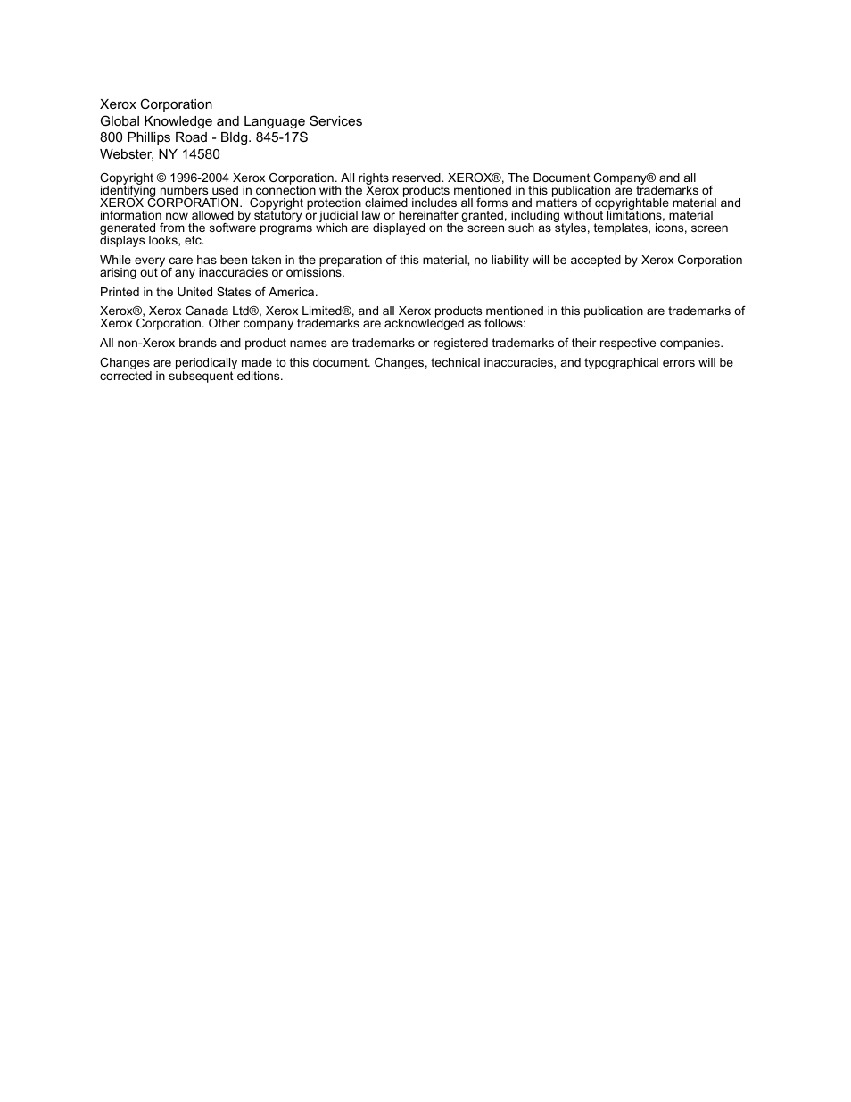 Xerox corporation, Global knowledge and language services, 800 phillips road - bldg. 845-17s | Webster, ny 14580, Printed in the united states of america | Xerox 701P41834 User Manual | Page 2 / 14