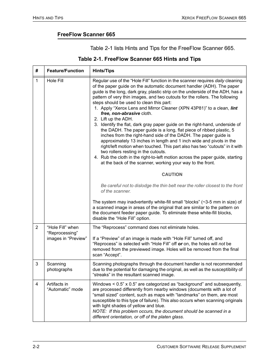 Freeflow scanner 665, Table 2-1. freeflow scanner 665 hints and tips | Xerox 701P41834 User Manual | Page 8 / 14