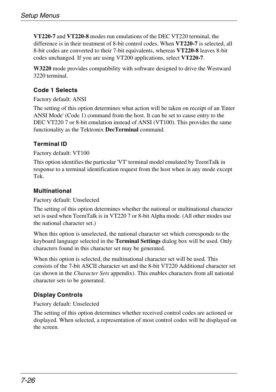 Character set mode, Displaying, Control codes | Multinational character set, Terminal id setting | Xerox -05W User Manual | Page 100 / 370