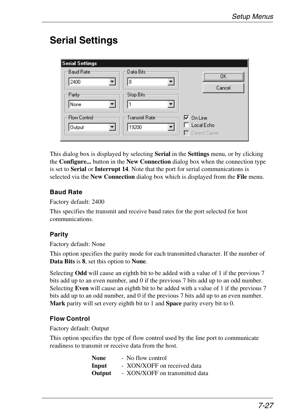 Serial settings, Baud rate selection, Flow control | Serial settings menu, Parity selection, Serial settings -27 | Xerox -05W User Manual | Page 101 / 370