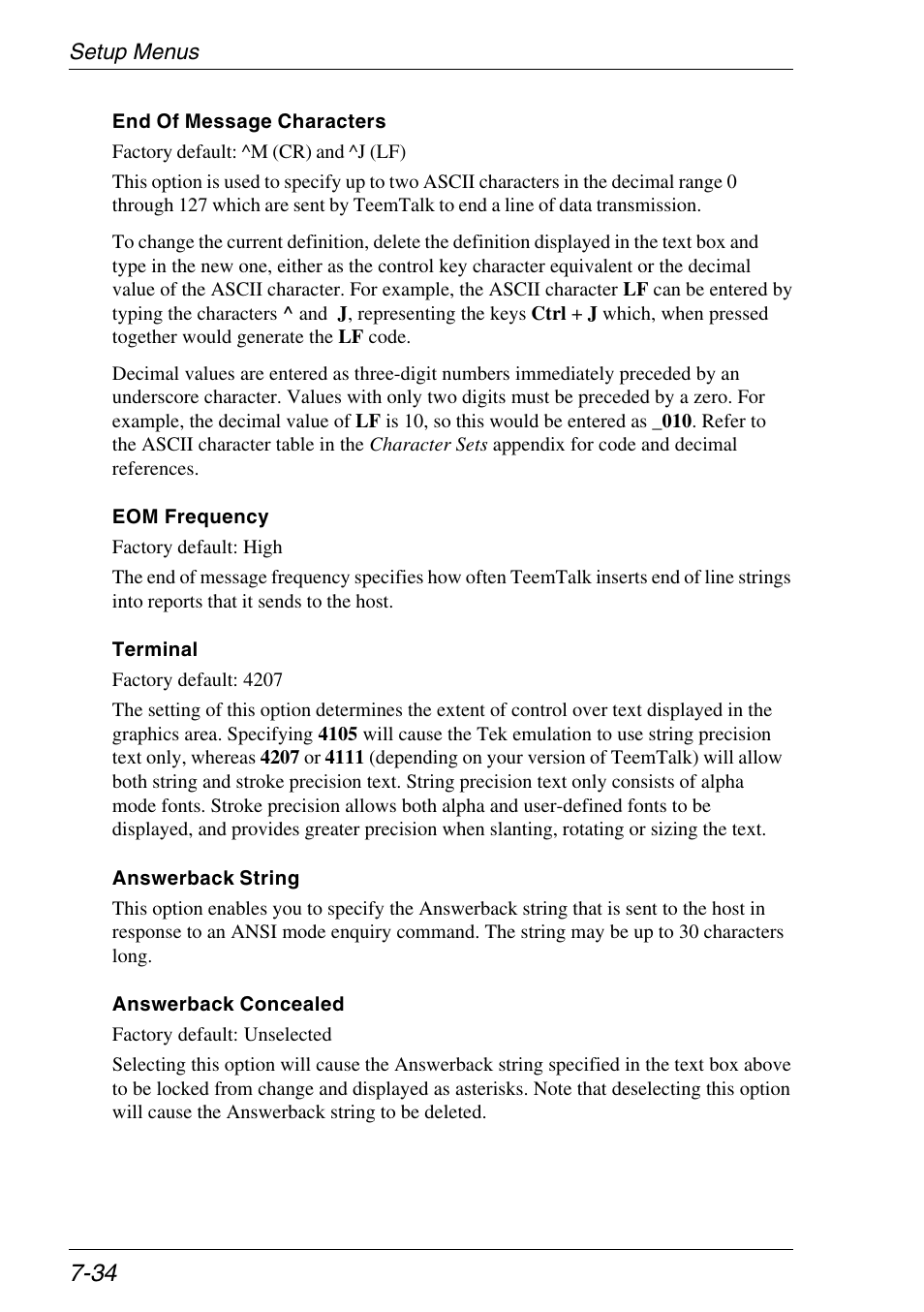 Answerback string, End of message characters, End of message frequency | Xerox -05W User Manual | Page 108 / 370
