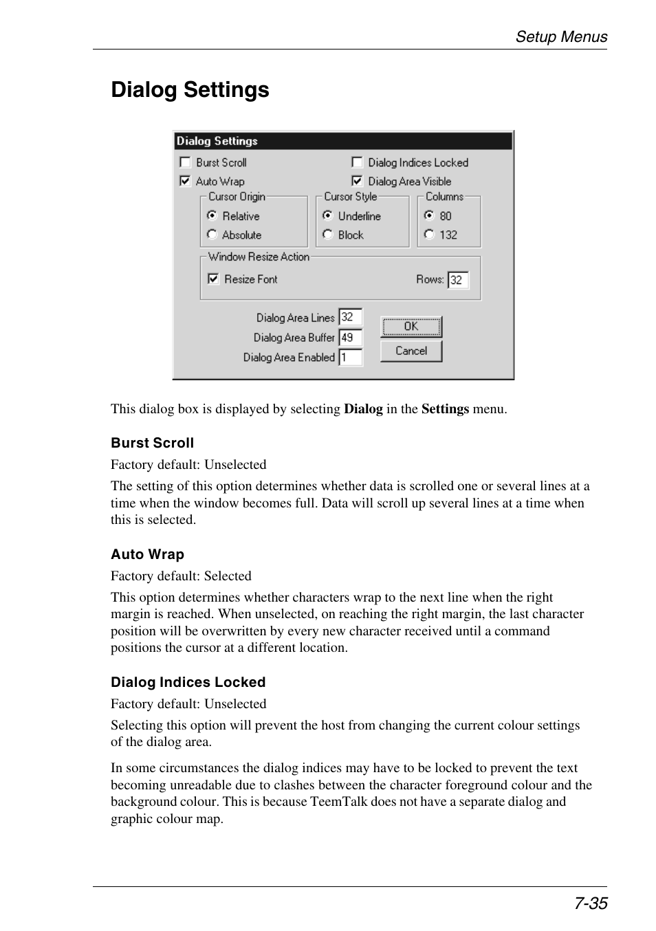 Dialog settings, Auto wrap, Lock colour indices | Scrolling speed, Dialog settings -35 | Xerox -05W User Manual | Page 109 / 370