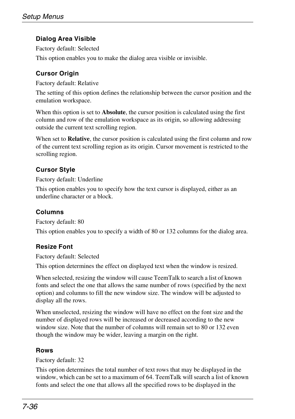 80/132 column display, Block or underline, Origin mode | 80/132 column width, Cursor origin mode, Cursor style, Resize effect on font, Window size in rows, Effect of window resize | Xerox -05W User Manual | Page 110 / 370