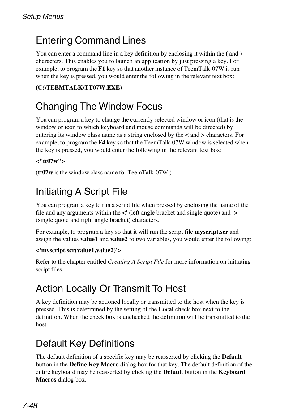 Entering command lines, Changing the window focus, Initiating a script file | Action locally or transmit to host, Default key definitions | Xerox -05W User Manual | Page 122 / 370