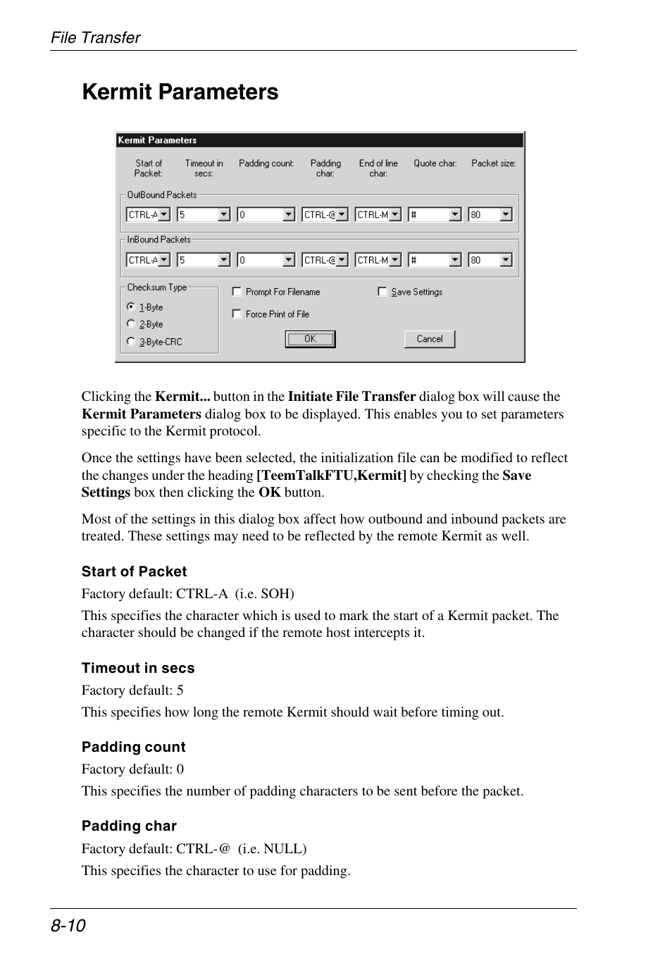 Kermit parameters, Kermit parameters -10 | Xerox -05W User Manual | Page 142 / 370