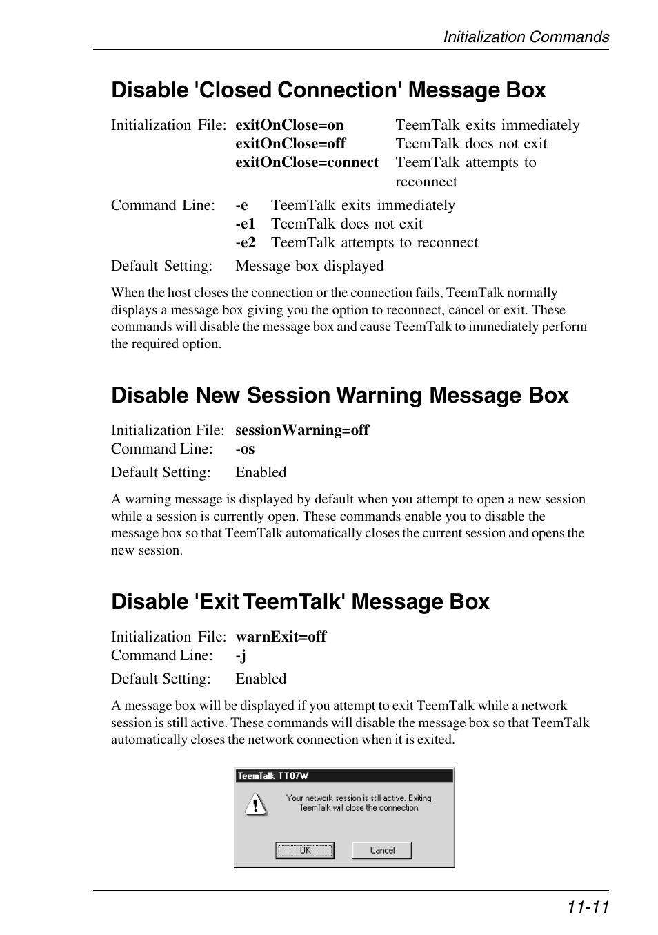 Disable 'closed connection' box, Disable 'exit teemtalk' box, New session warning message | Disable 'closed connection' message box, Disable new session warning message box, Disable 'exit teemtalk' message box | Xerox -05W User Manual | Page 187 / 370