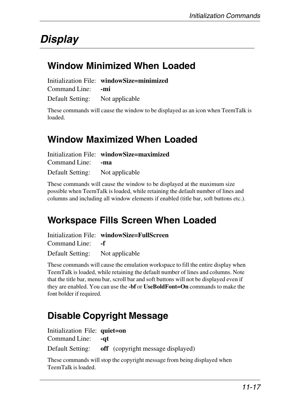 Display, Disable copyright message, Window fills screen | Window maximized, Window minimized, Display -17, Window minimized when loaded, Window maximized when loaded, Workspace fills screen when loaded | Xerox -05W User Manual | Page 193 / 370