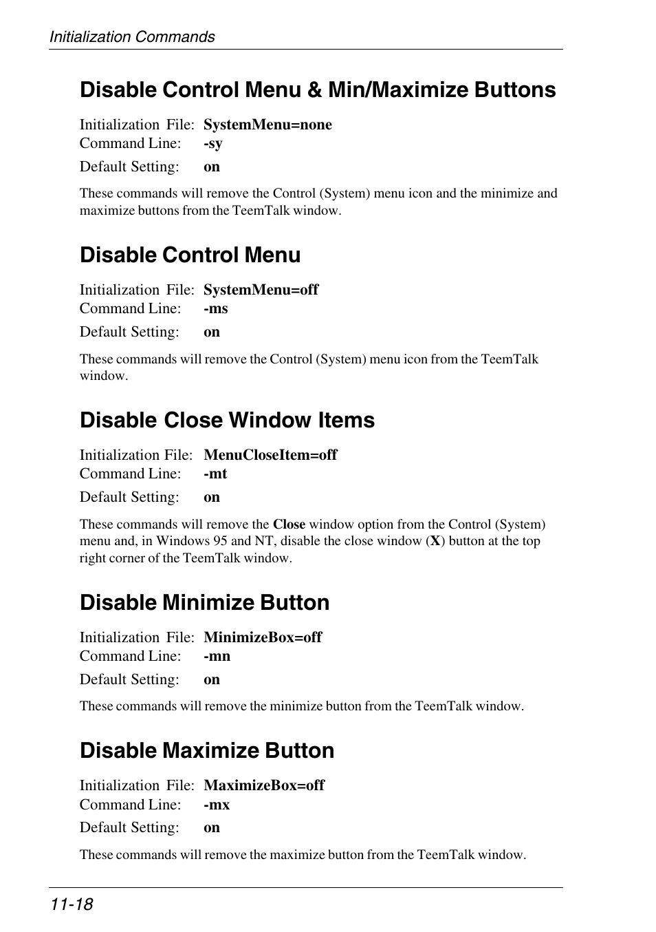 Disable close window menu item, Disable control menu, Disable maximize button | Disable min/max buttons, Disable minimize button, Disable system menu, Disable control menu & min/maximize buttons, Disable close window items | Xerox -05W User Manual | Page 194 / 370