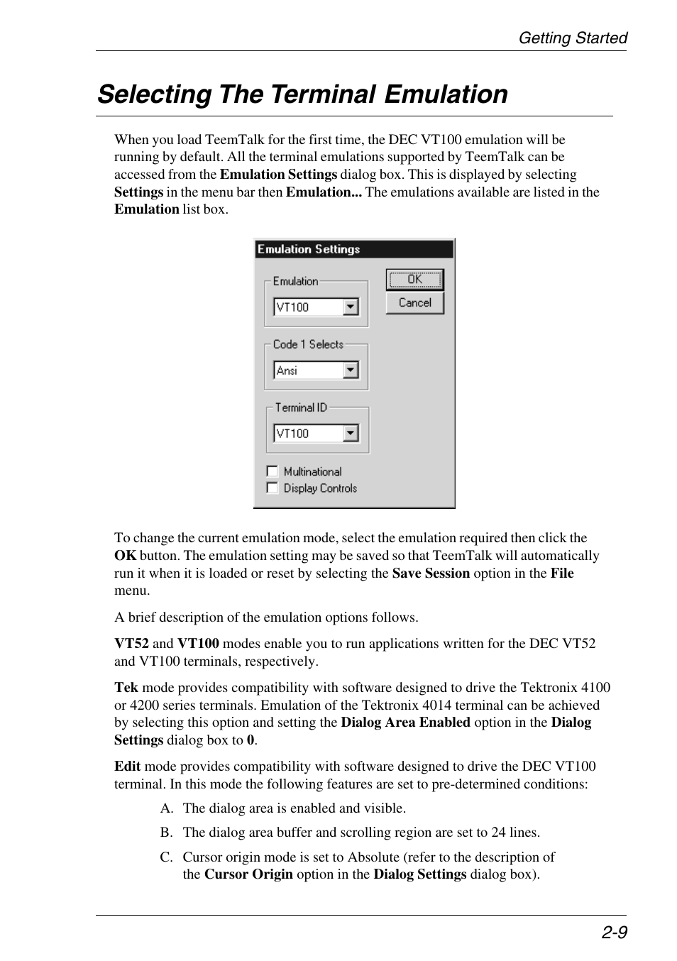 Selecting the terminal emulation, Selecting, Terminal emulation selection | Selecting the terminal emulation -9 | Xerox -05W User Manual | Page 23 / 370