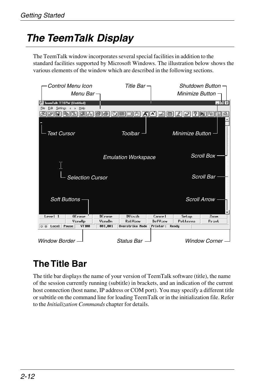 The teemtalk display, The title bar, Using window elements | Title bar, Selecting & using, The teemtalk display -12, The title bar -12 | Xerox -05W User Manual | Page 26 / 370